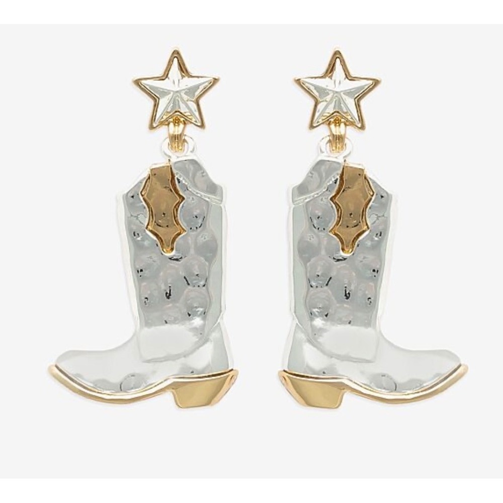 Bijoux Bar Cowboy Boot Star Earrings Two Tone Gold Silver Western Drop - Picture 2 of 5
